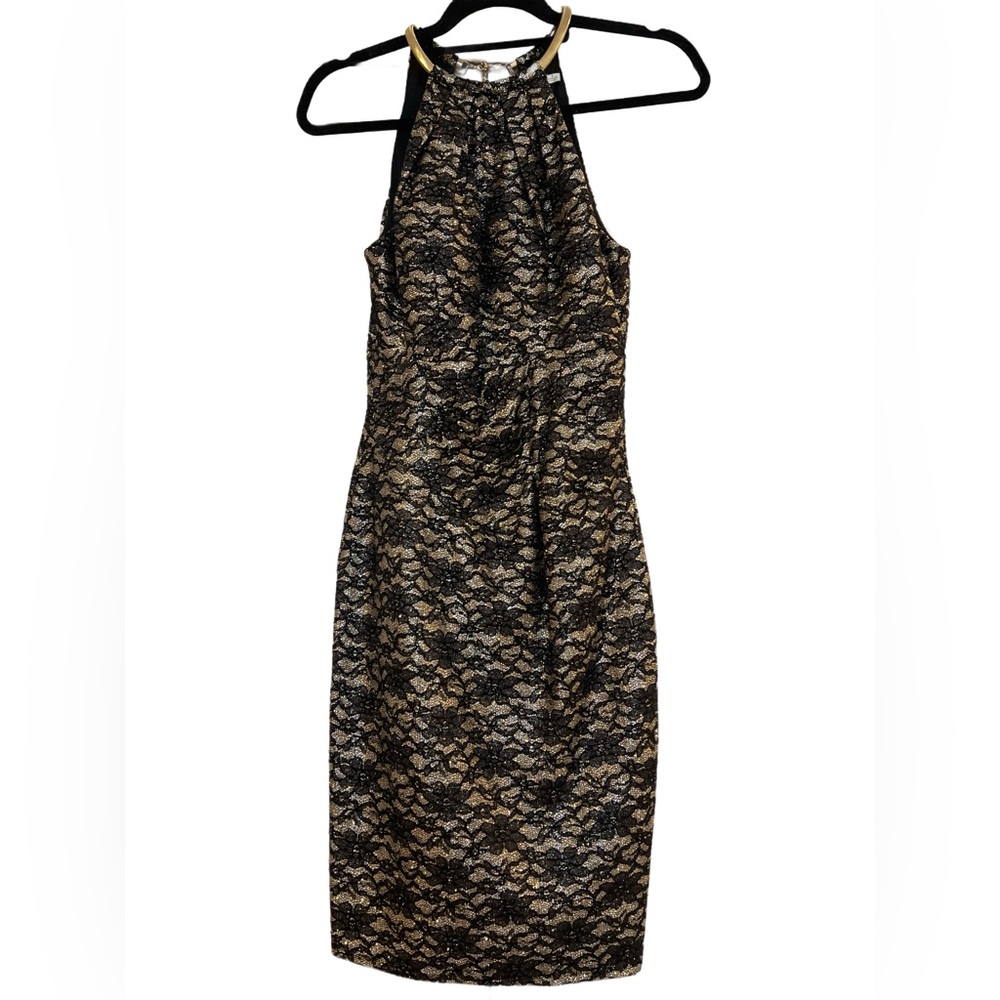 Eliza J Black and Gold  Lace Flower Design Dress